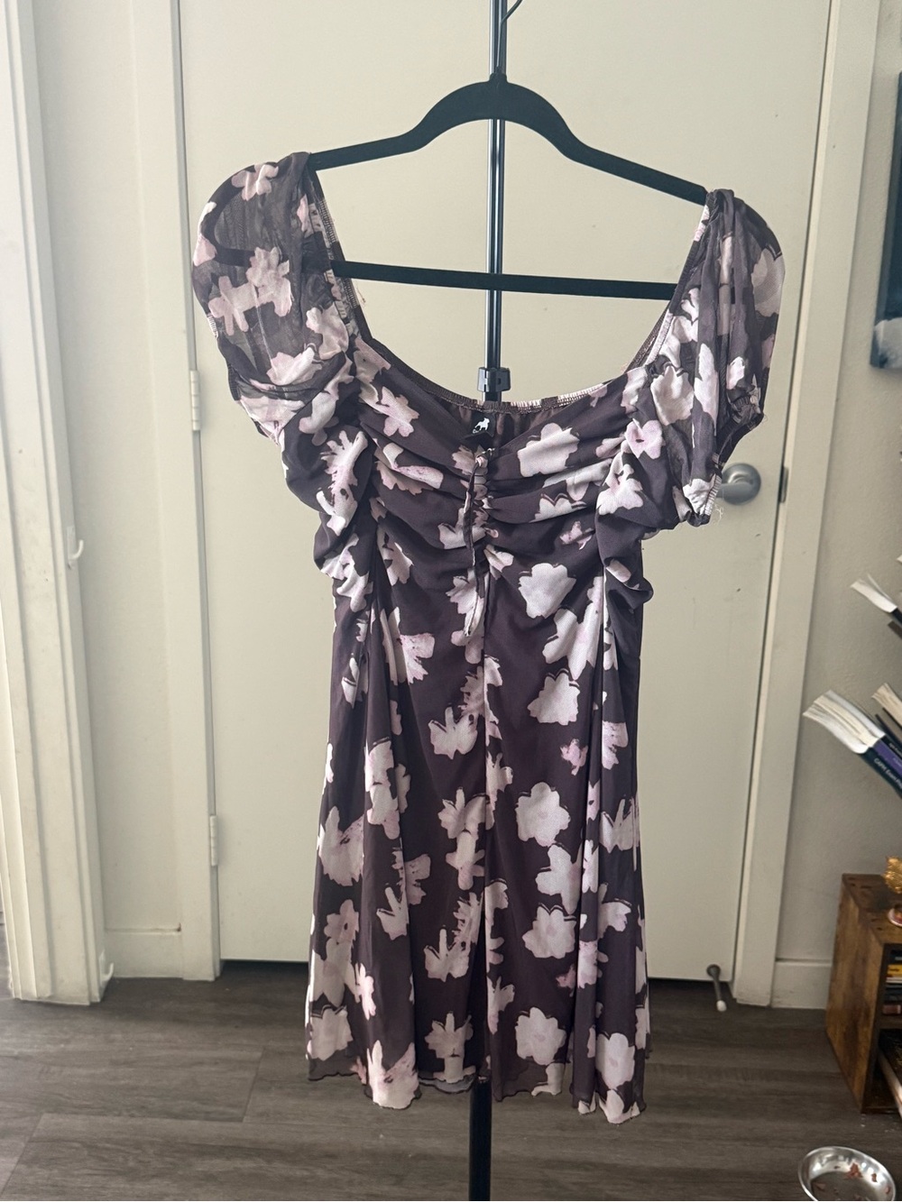 Floral Puff-Sleeve Ruched Mini Dress - Brown with Pink Floral